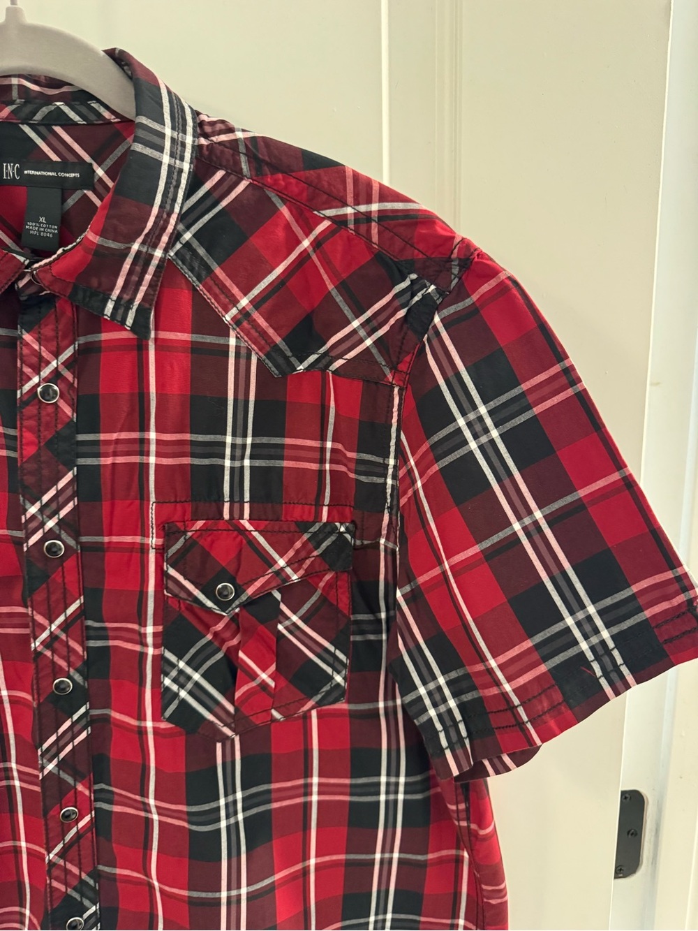 INC International Concepts Red and Black Plaid Short-Sleeve Snap-Down